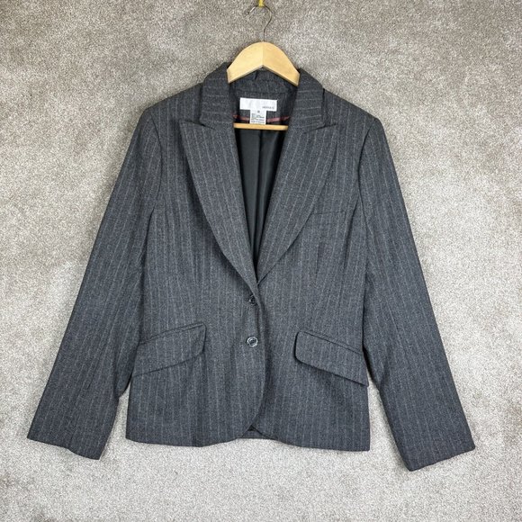 Hennes Jacket Womens 10 Gray Stripe Wool Blend Long Sleeve Button Blazer- 7951 - Picture 1 of 13
